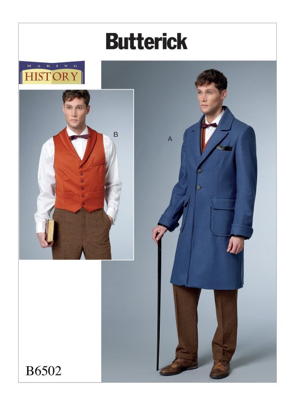 Butterick Sewing Pattern B6502 Men's Single-Breasted Lined Coat and Vest with Back Belt