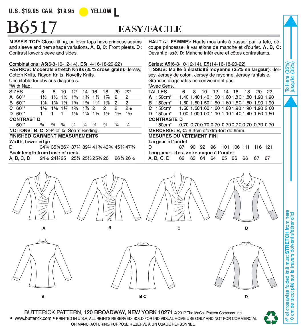 Butterick Sewing Pattern B6517 Misses' Top with Pleat and Options