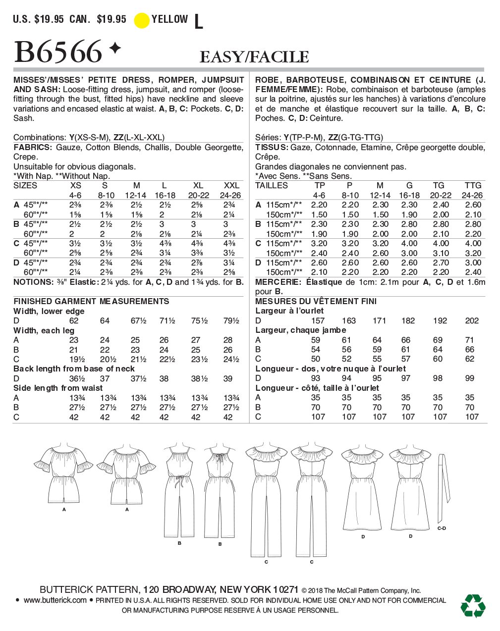 Butterick Sewing Pattern B6566 Misses'/Misses' Petite Dress,Romper, Jumpsuit and Sash