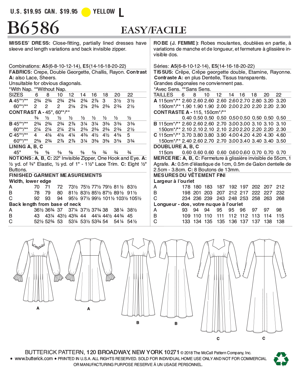 Butterick Sewing Pattern B6586 Misses' Dress