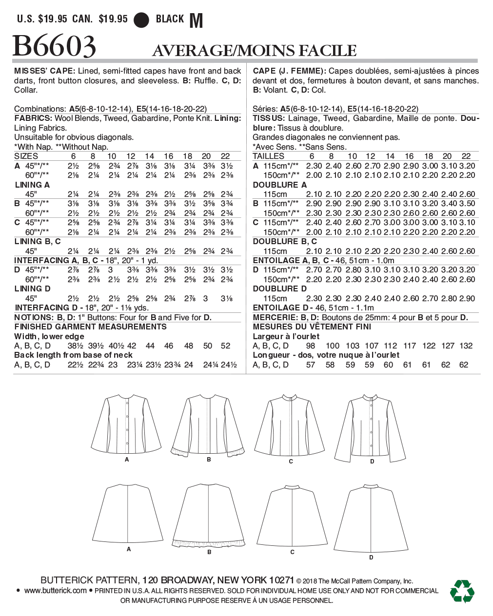 Butterick Sewing Pattern B6603 Misses' Cape