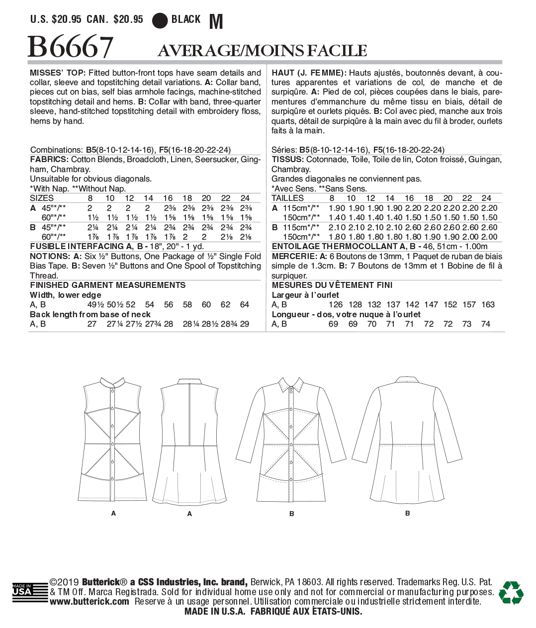 Butterick Sewing Pattern B6667 Misses' Top