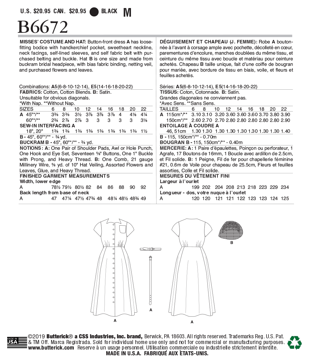 Butterick Sewing Pattern B6672 Misses' Costume and Hat