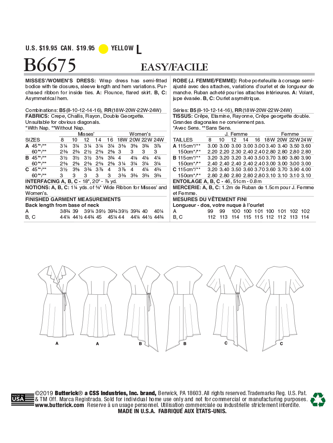 Butterick Sewing Pattern B6675 Misses'/Women's Dress