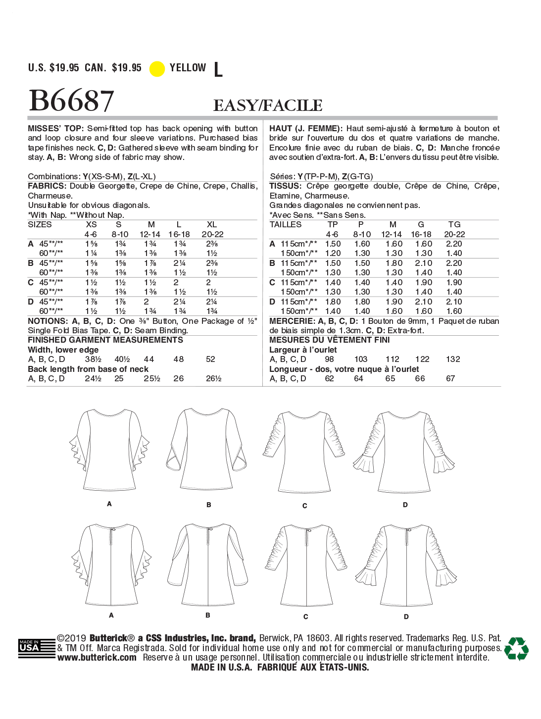 Butterick Sewing Pattern B6687 Misses' Top