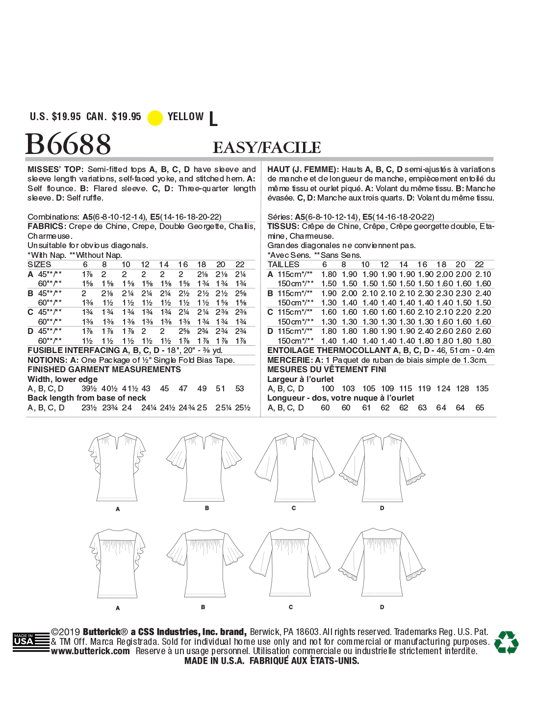 Butterick Sewing Pattern B6688 Misses' Top