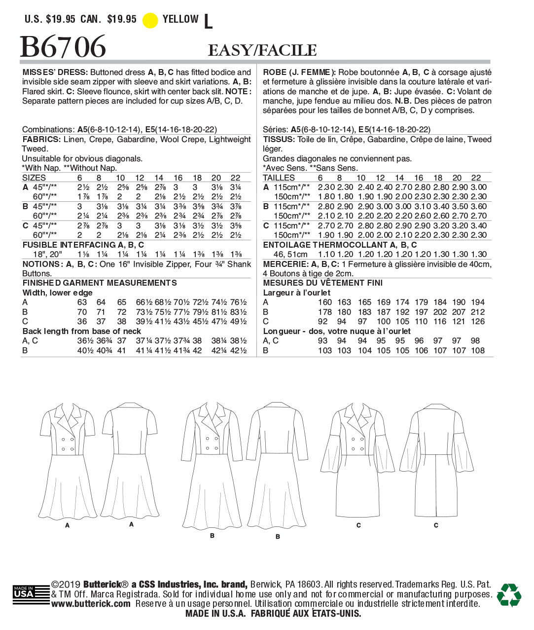 Butterick Sewing Pattern B6706 Misses' Dress