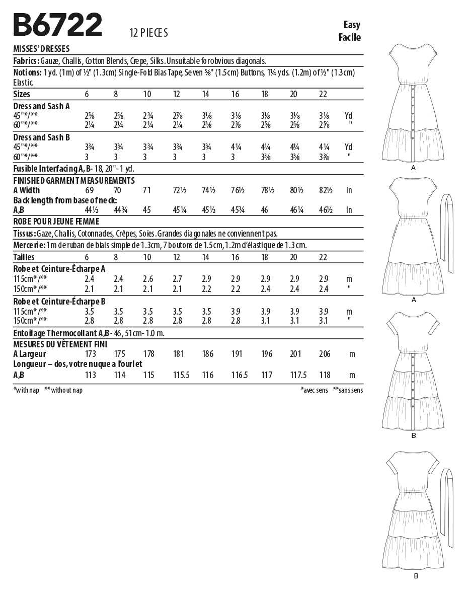 Butterick Sewing Pattern B6722 Misses' Dresses