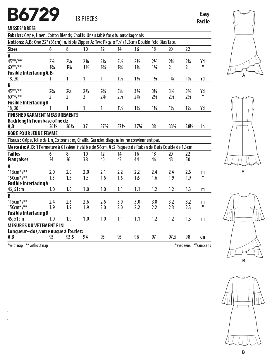 Butterick Sewing Pattern B6729 Misses' Dresses