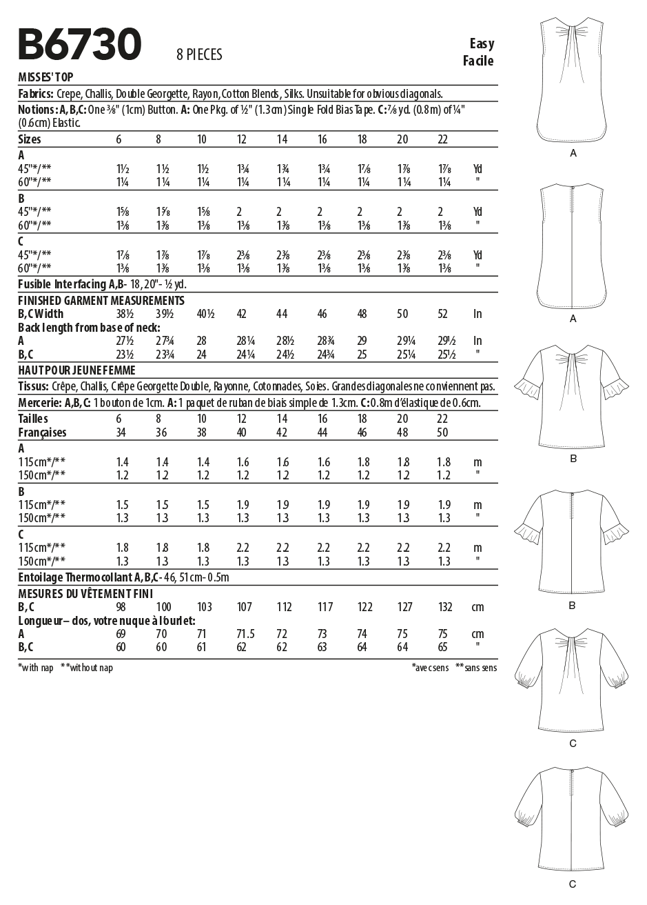 Butterick Sewing Pattern B6730 Misses' Top