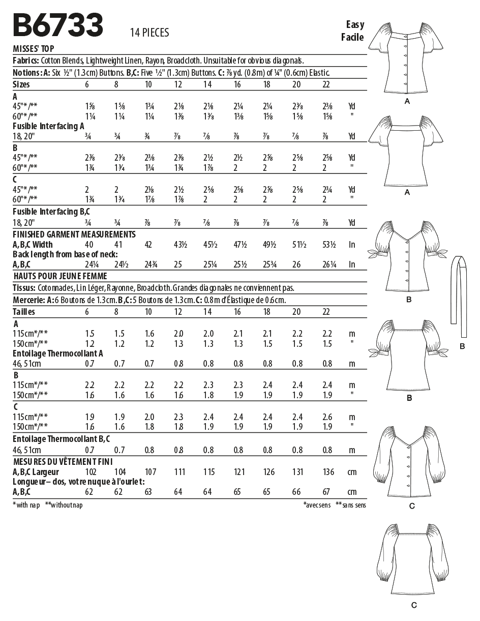 Butterick Sewing Pattern B6733 Misses' Top