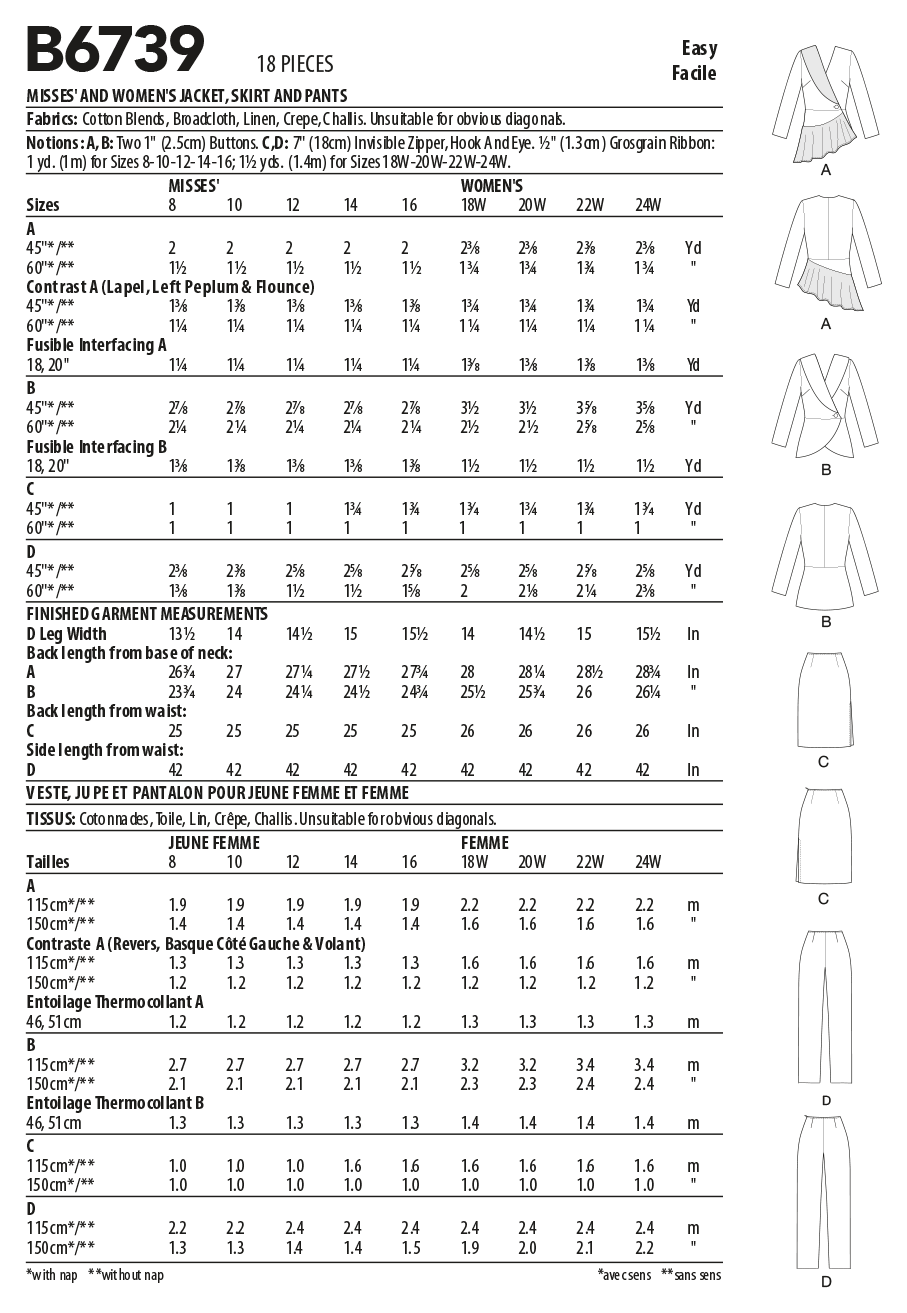 Butterick Sewing Pattern B6739 Misses' Jacket, Dress, Top, Skirt & Trousers