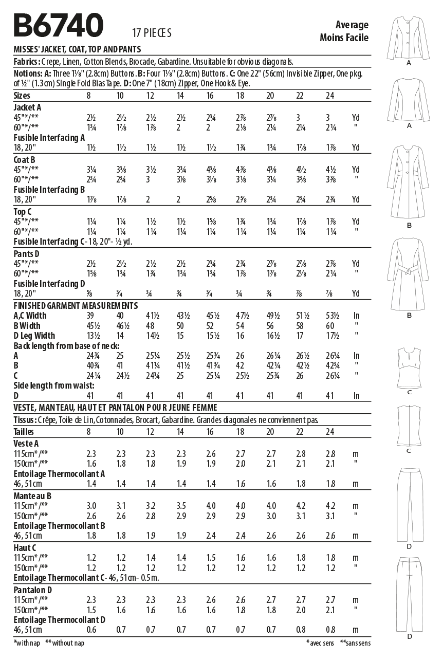 Butterick Sewing Pattern B6740 Misses' Jacket, Coat, Top & Trousers