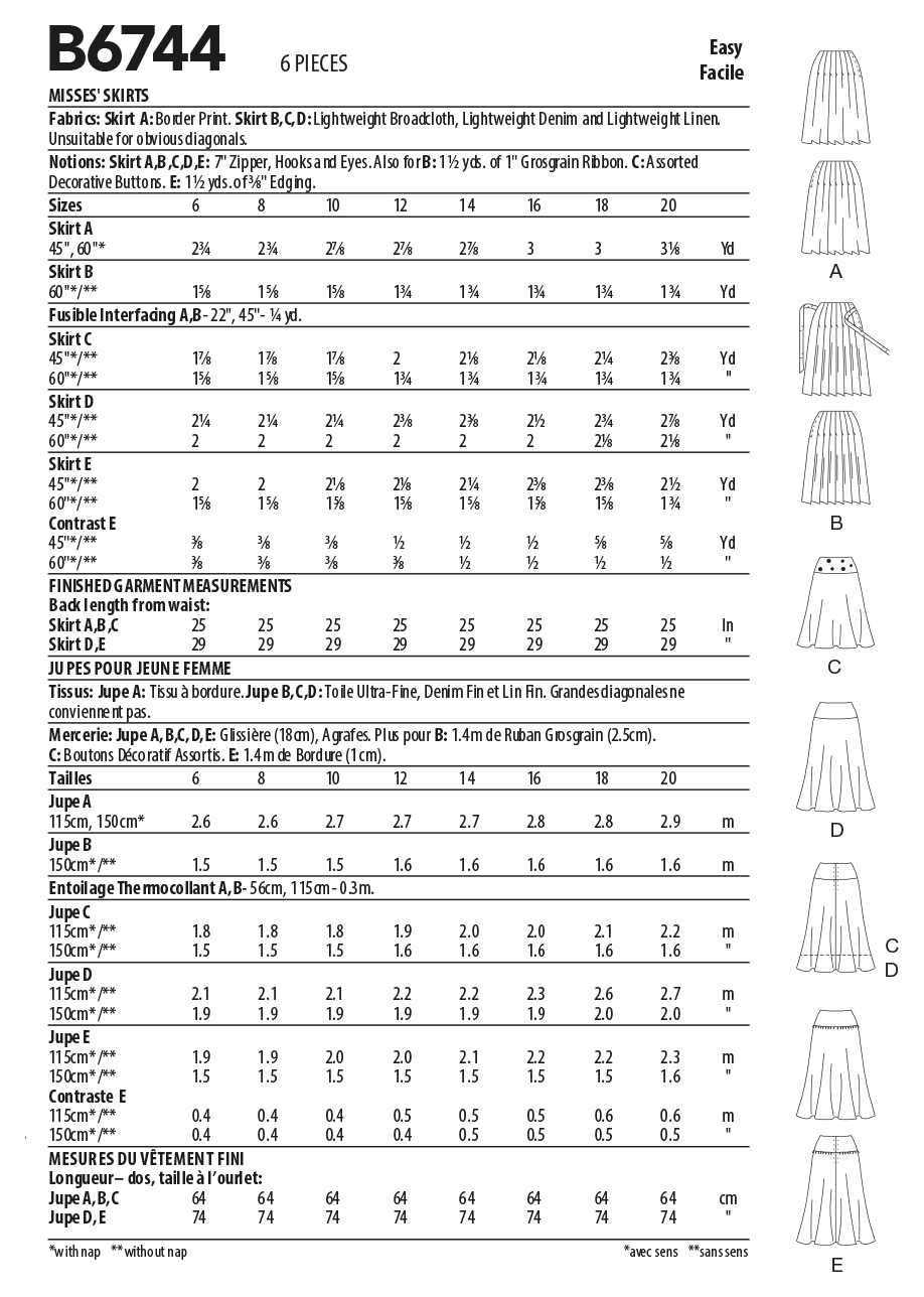 Butterick Sewing Pattern B6744 Misses' Pleated or Flared Skirts