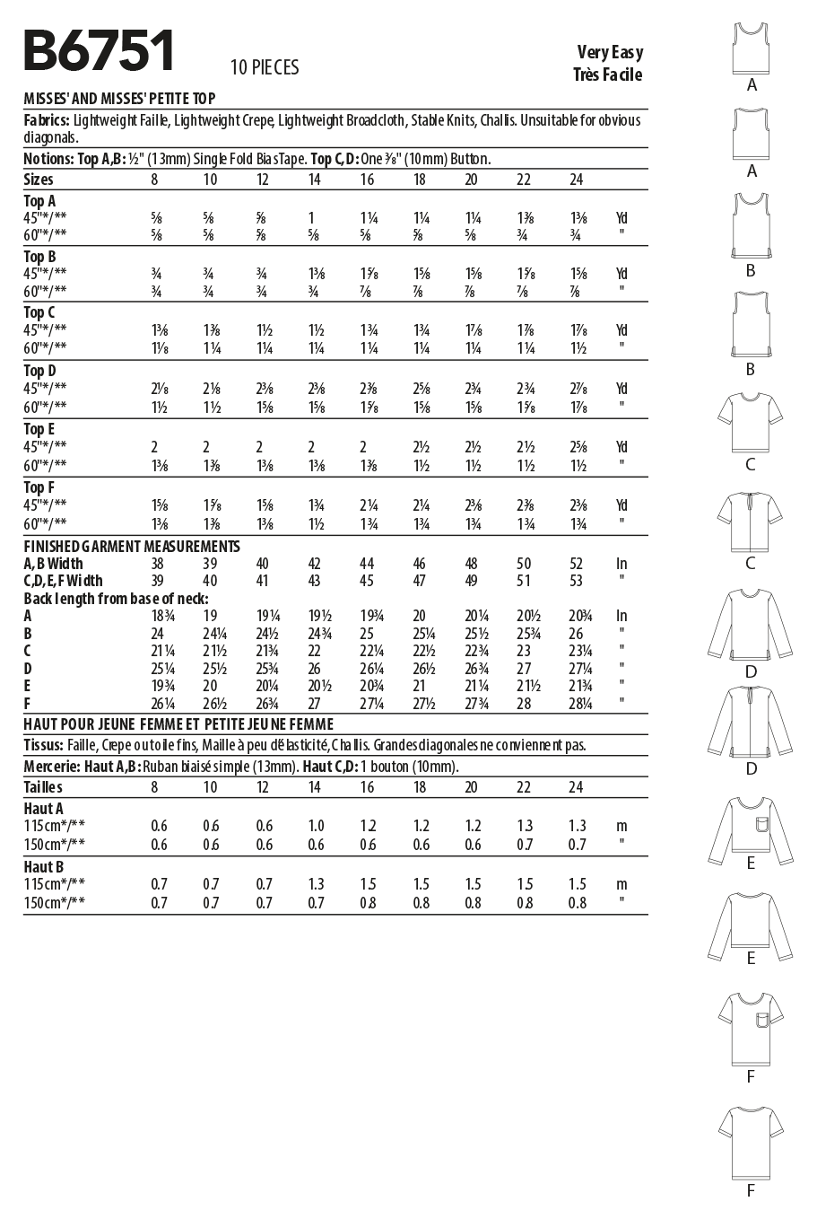 Butterick Sewing Pattern B6751 Misses'/Misses' Petite Pullover Tops
