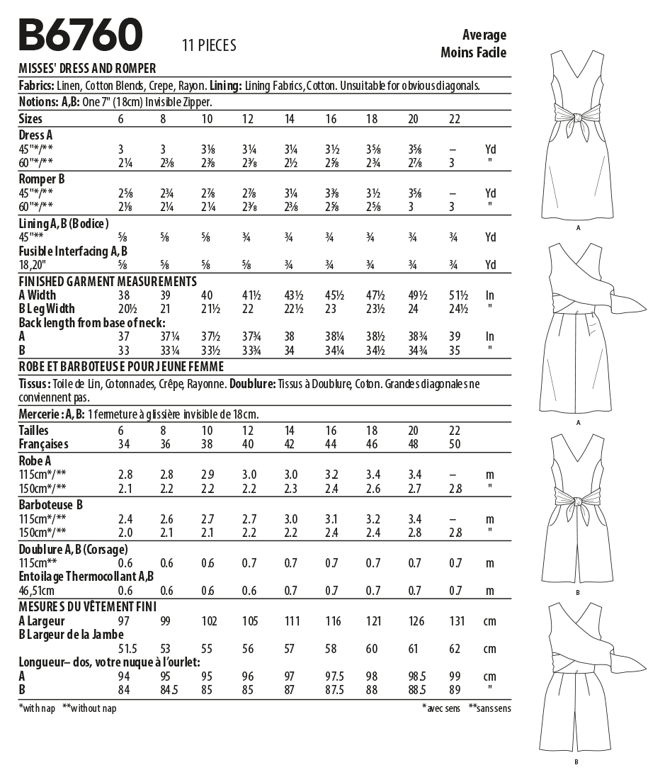 Butterick Sewing Pattern B6760 Misses' Dress and Playsuit. Lisette.