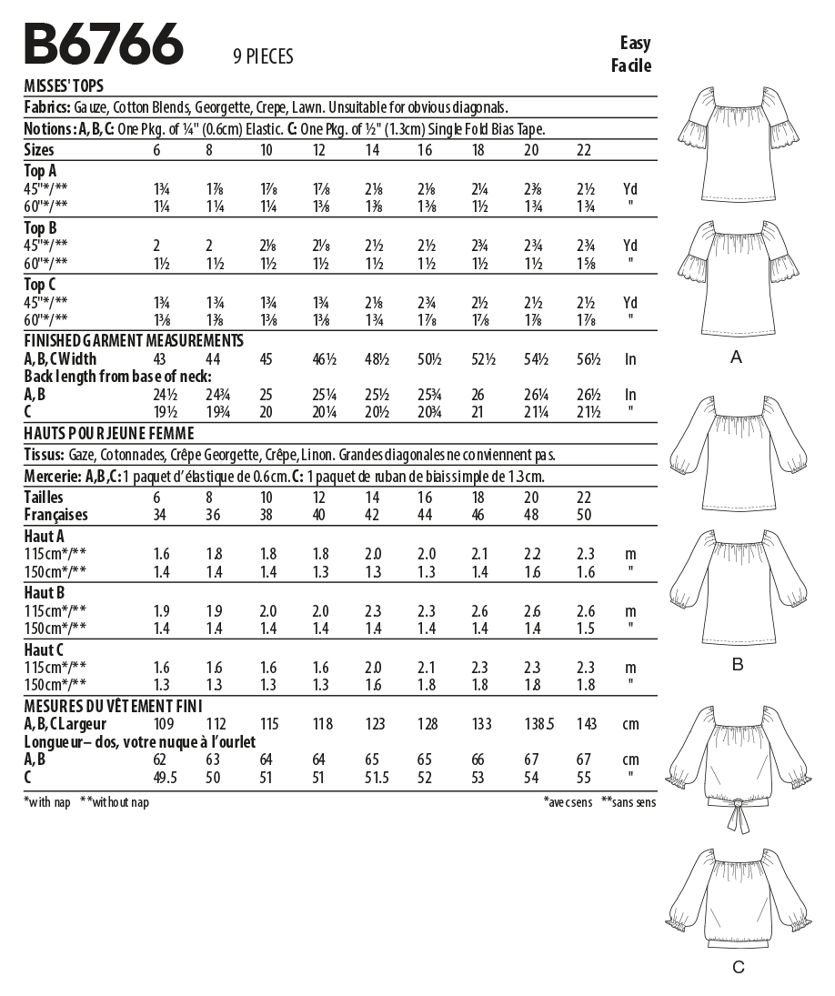 Butterick Sewing Pattern B6766 Misses' Tops