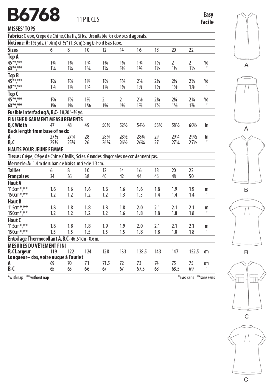 Butterick Sewing Pattern B6768 Misses' Top