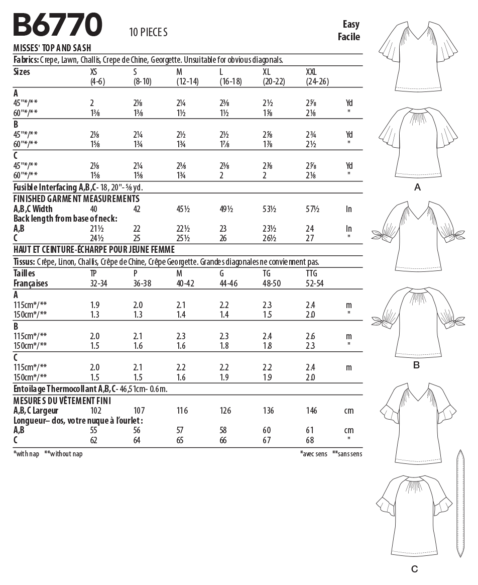 Butterick Sewing Pattern B6770 Misses' Tops and Sash