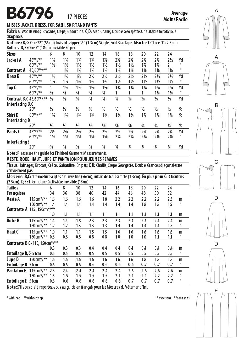Butterick Sewing Pattern B6796 Misses' Jacket, Dress, Top, Skirt and Trousers