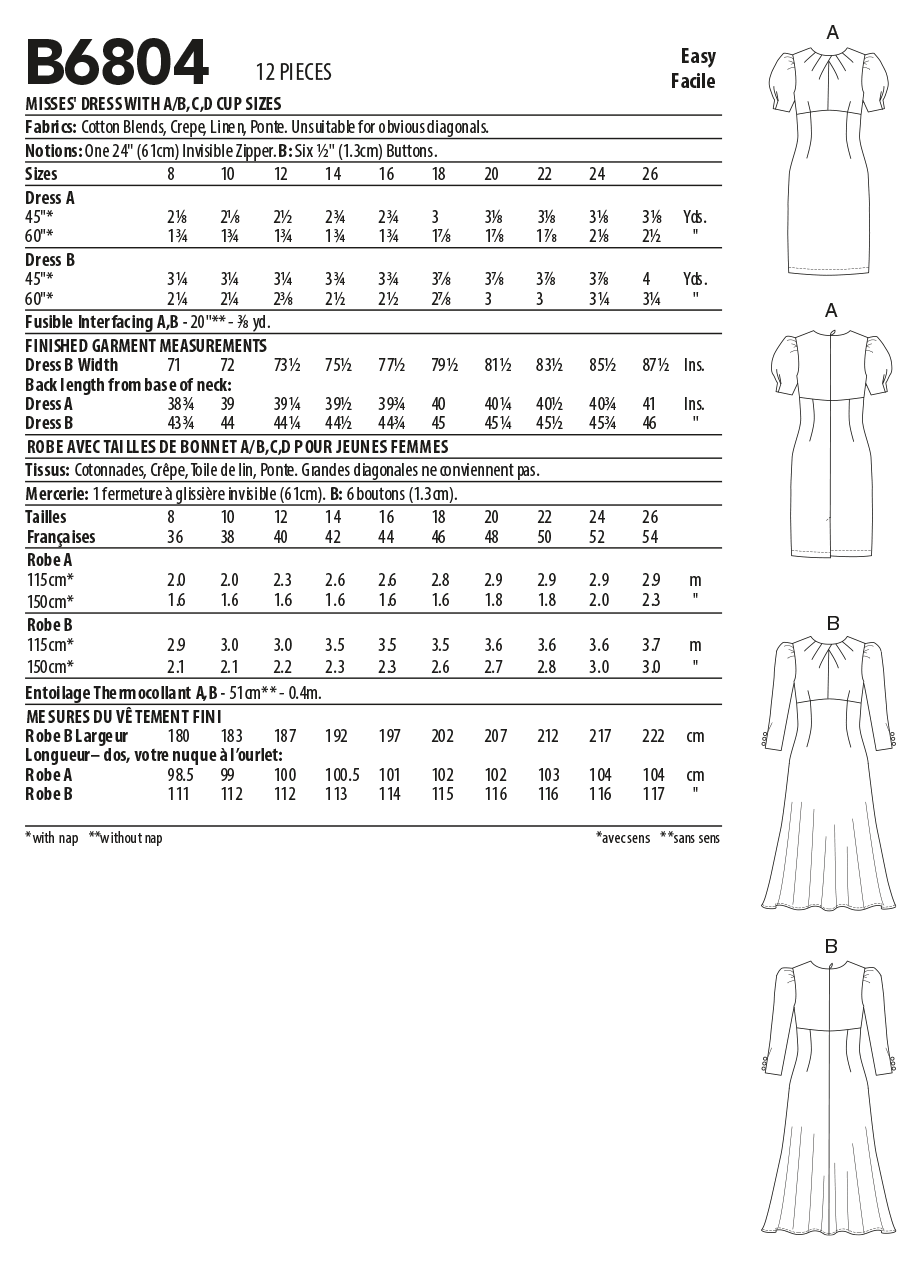 Butterick Sewing Pattern B6804 Misses' Dress with A/B, C, D Cup Sizes