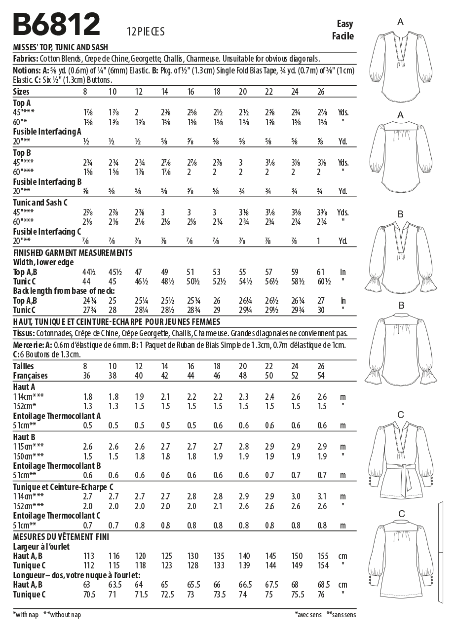 Butterick Sewing Pattern B6812 Misses' Top, Tunic and Sash