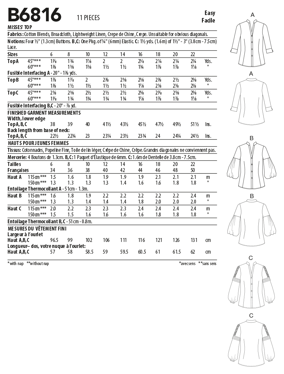 Butterick Sewing Pattern B6816 Misses' Top