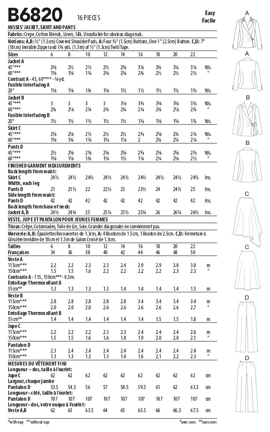 Butterick Sewing Pattern B6820 Misses' Jacket, Skirt and Trousers
