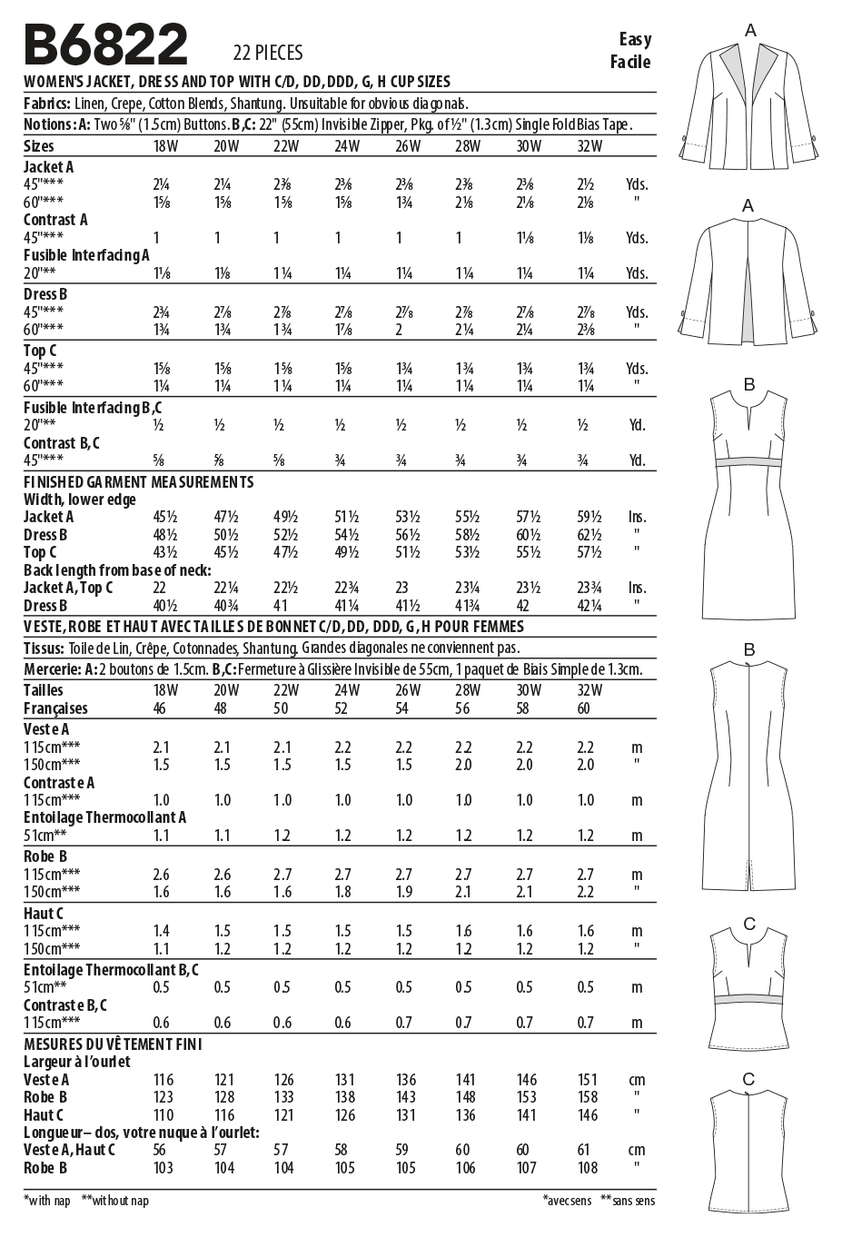 Butterick Sewing Pattern B6822 Women's Jacket, Dress and Top with C/D, DD, DDD, G, H Cup Sizes