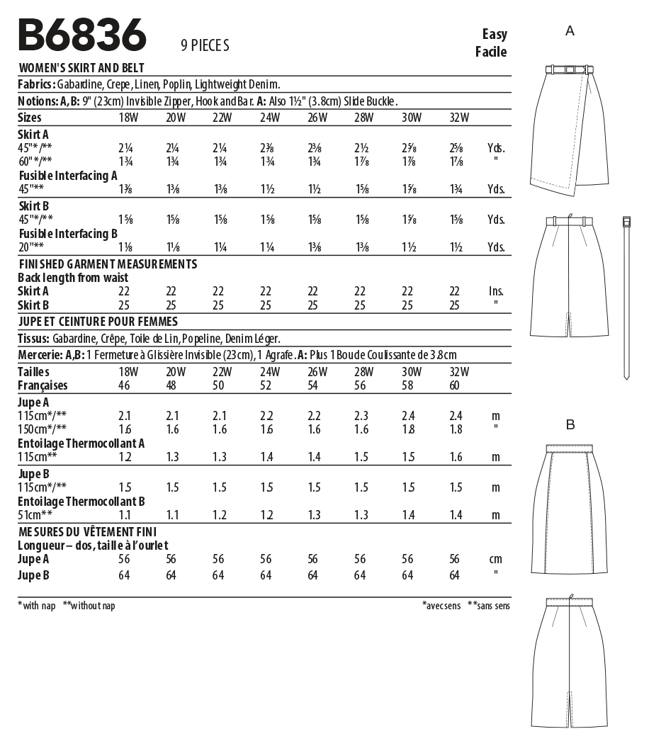 Butterick Sewing Pattern B6836 Women's Skirt & Belt