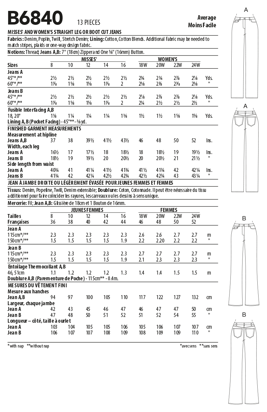 Butterick Sewing Pattern B6840 Misses' & Women's Straight-Leg or Boot Cut Jeans Palmer/Pletsch