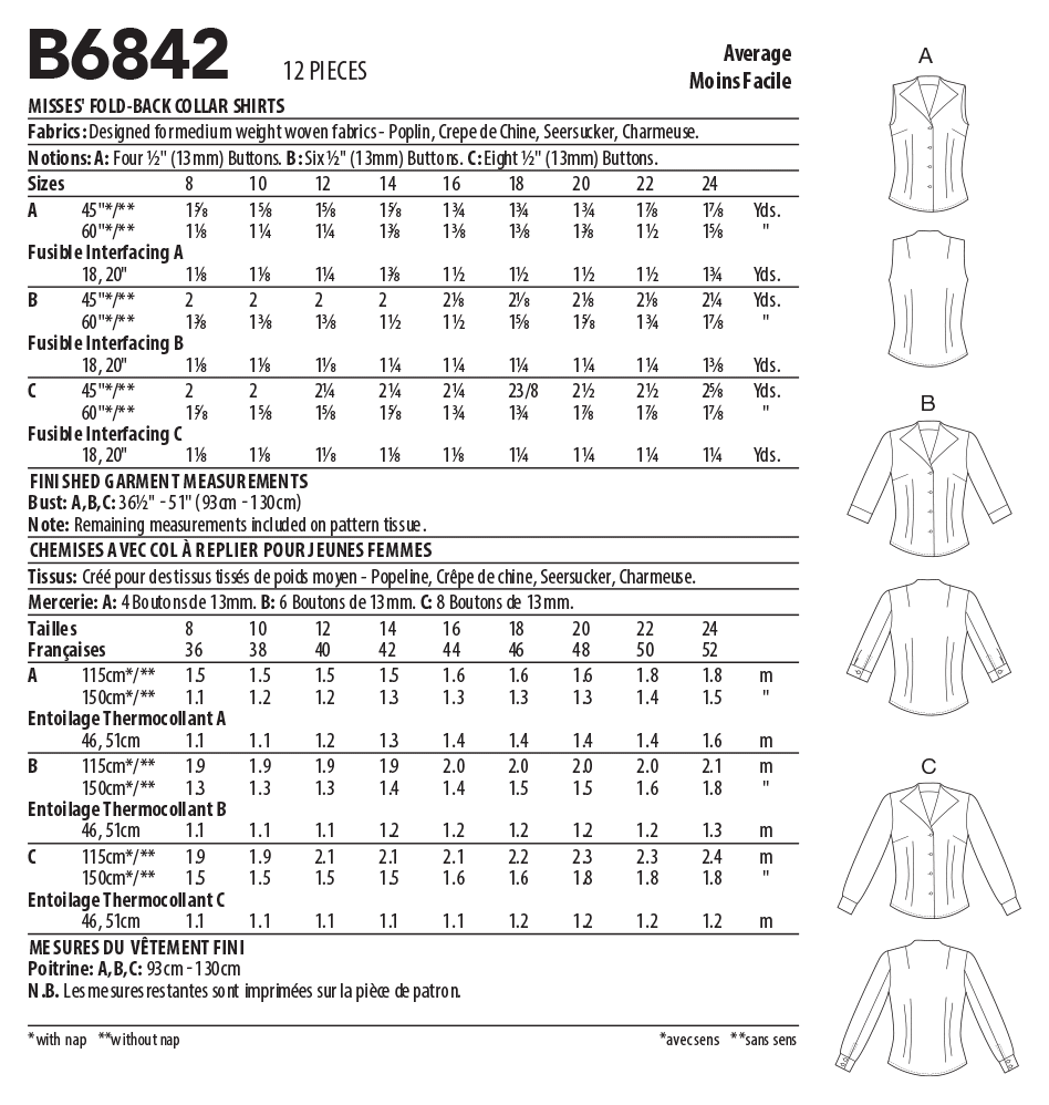 Butterick Sewing Pattern B6842 Misses' Fold-Back Collar Shirts Palmer/Pletsch