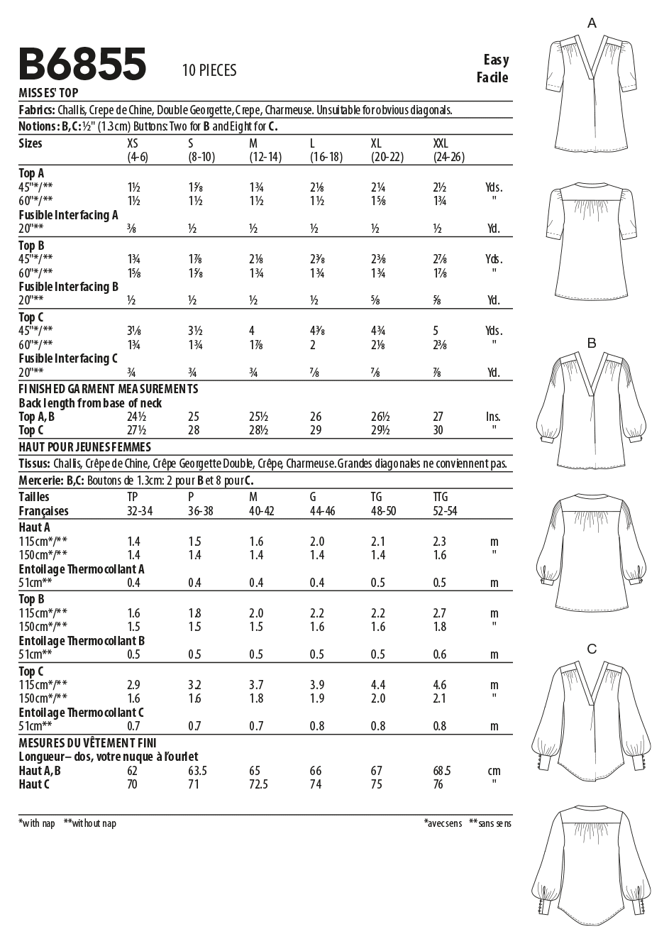 Butterick Sewing Pattern B6855 Misses' Top