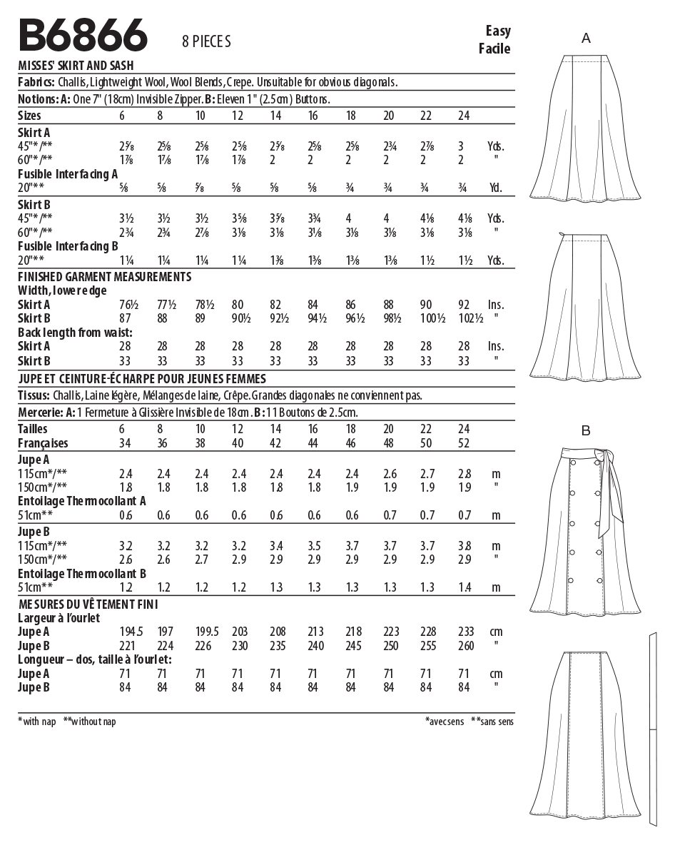 Butterick Sewing Pattern B6866 Misses' Skirt and Sash