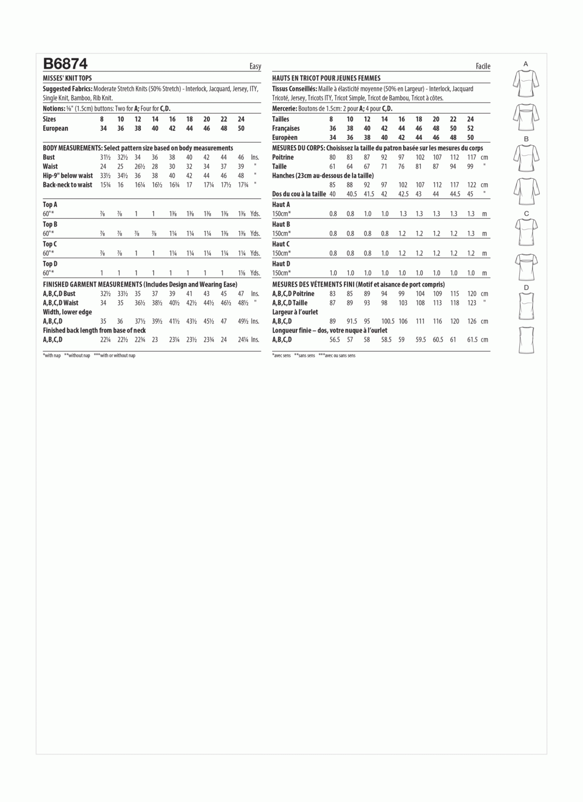 Butterick Sewing Pattern B6874 Misses' Knit Tops - Sewdirect