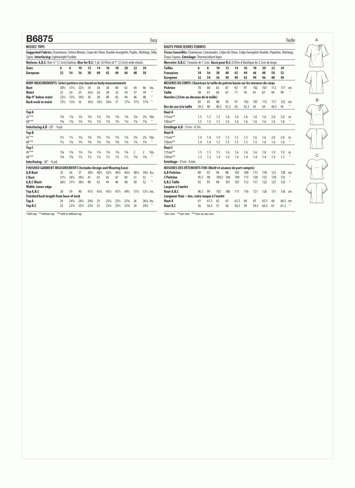 Butterick Sewing Pattern B6875 Misses' Tops