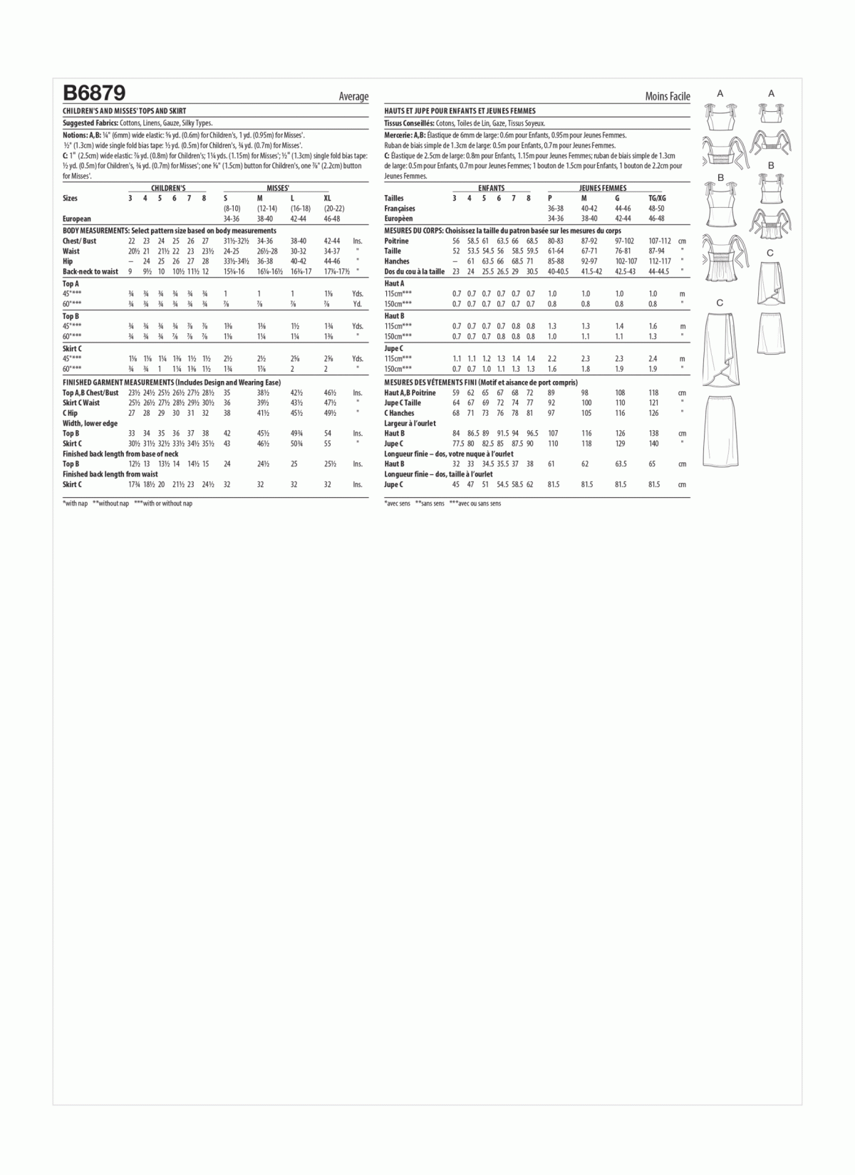 Butterick Sewing Pattern B6879 Children's and Misses' Tops and Skirt