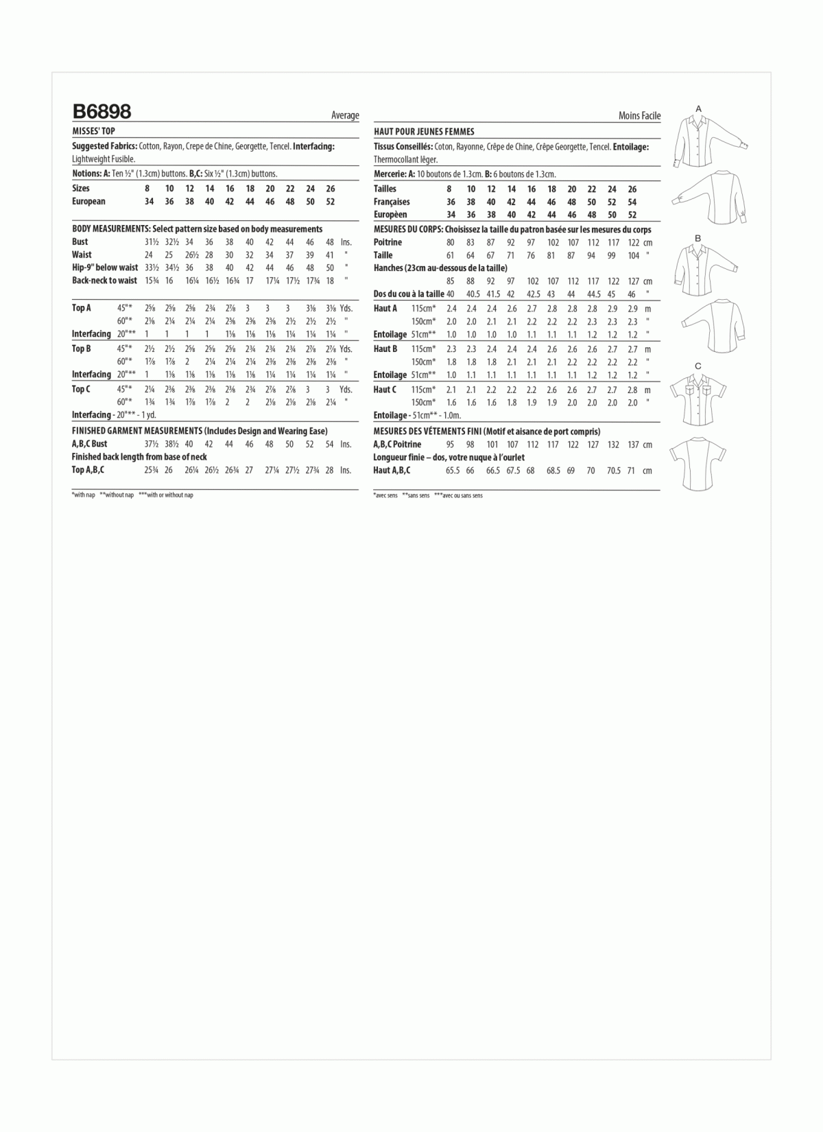 Butterick Sewing Pattern B6898 Misses' Top