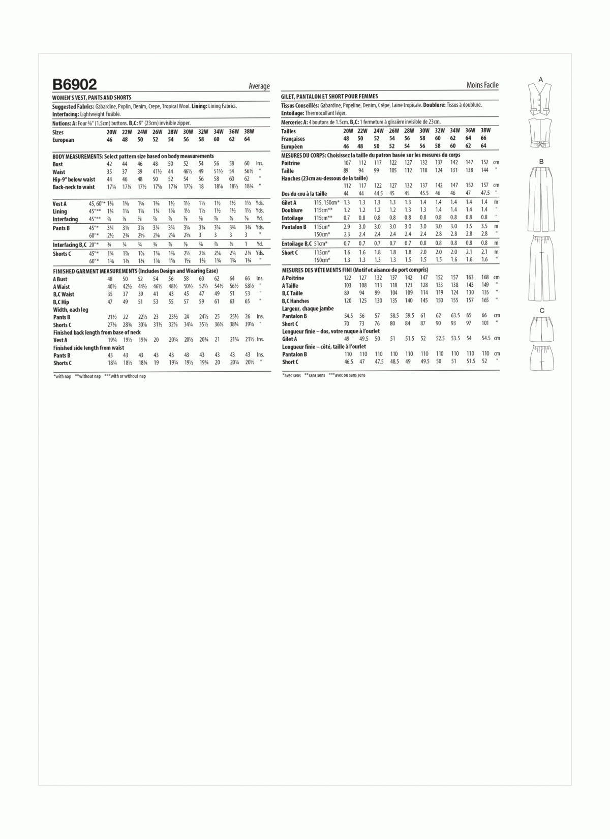 Butterick Sewing Pattern B6902 Lisette Women's Waistcoat, Trousers and Shorts