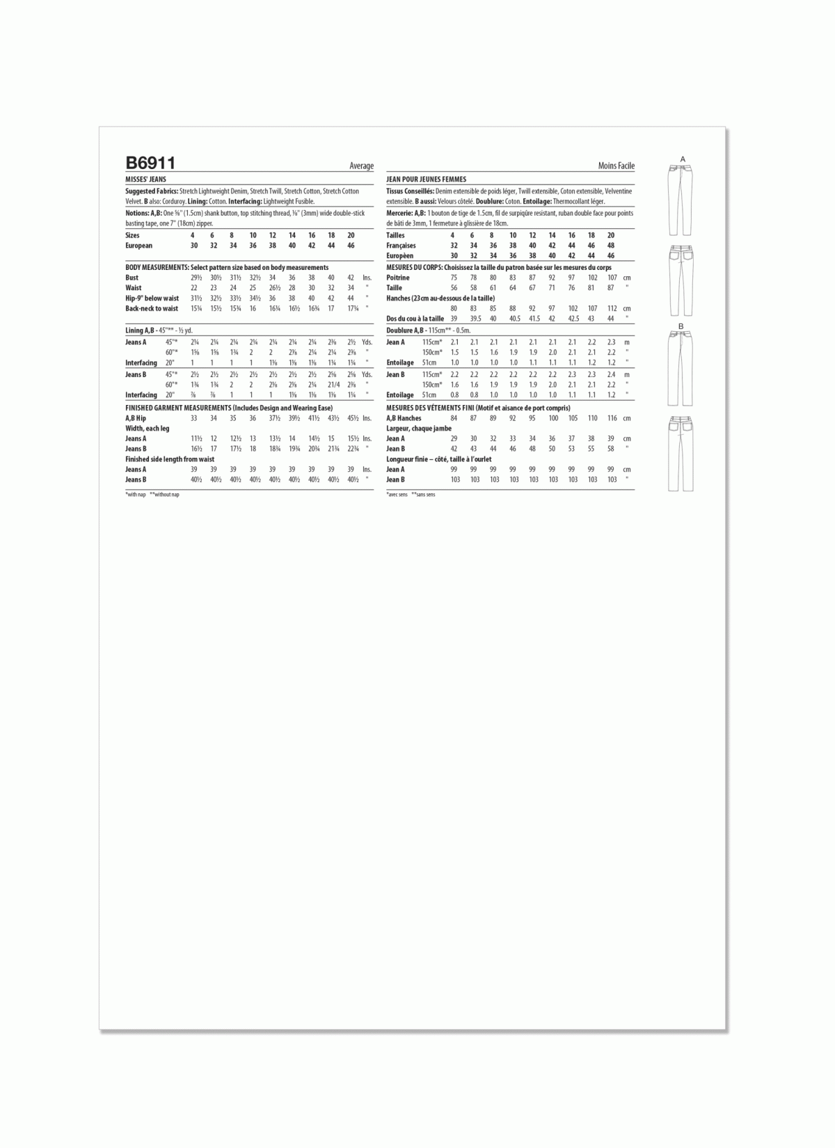 Butterick Sewing Pattern B6911 Misses' Jeans by Palmer/Pletsch