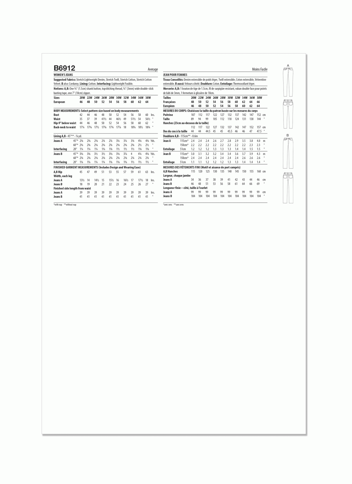 Butterick Sewing Pattern B6912 Women's Jeans by Palmer/Pletsch