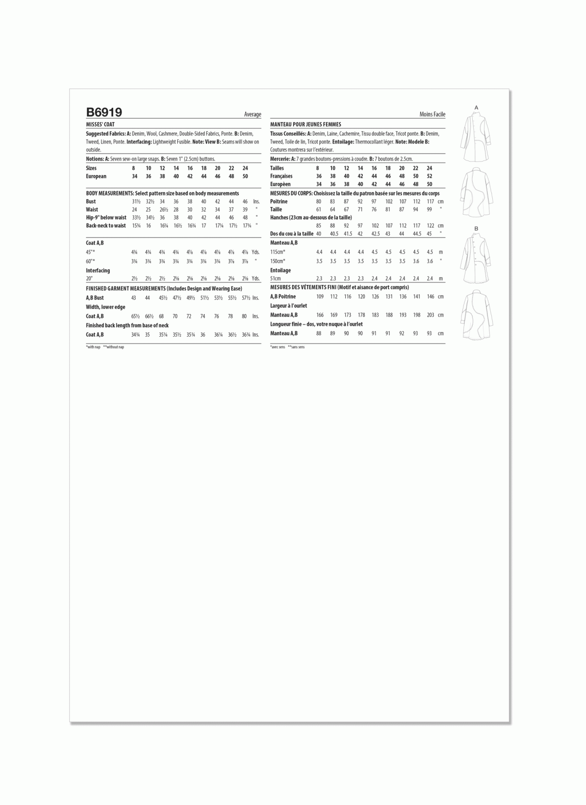 Butterick Sewing Pattern B6919 Misses' Coat by Katherine Tilton