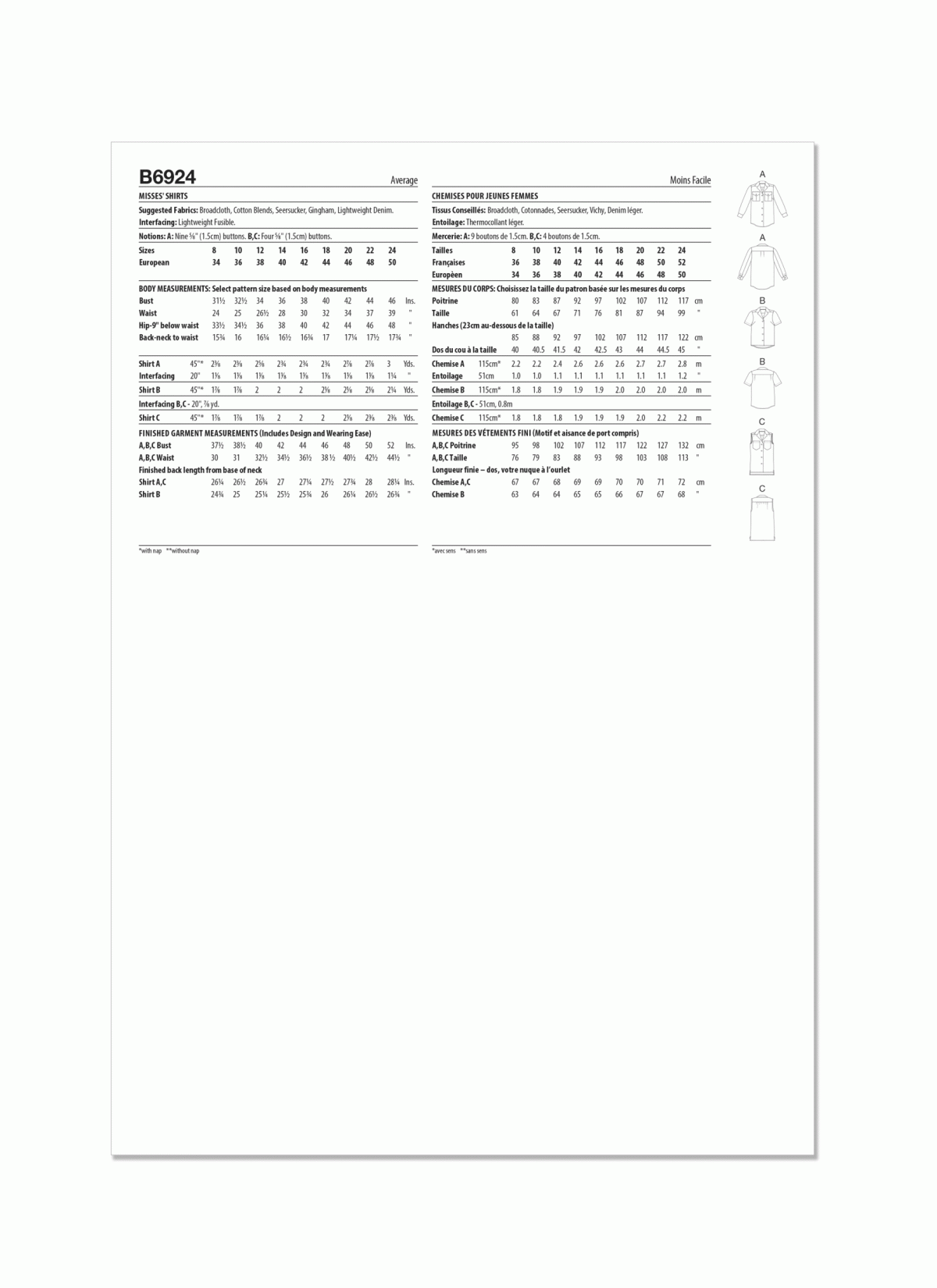 Butterick Sewing Pattern B6924 Misses' Shirts By Palmer/Pletsch