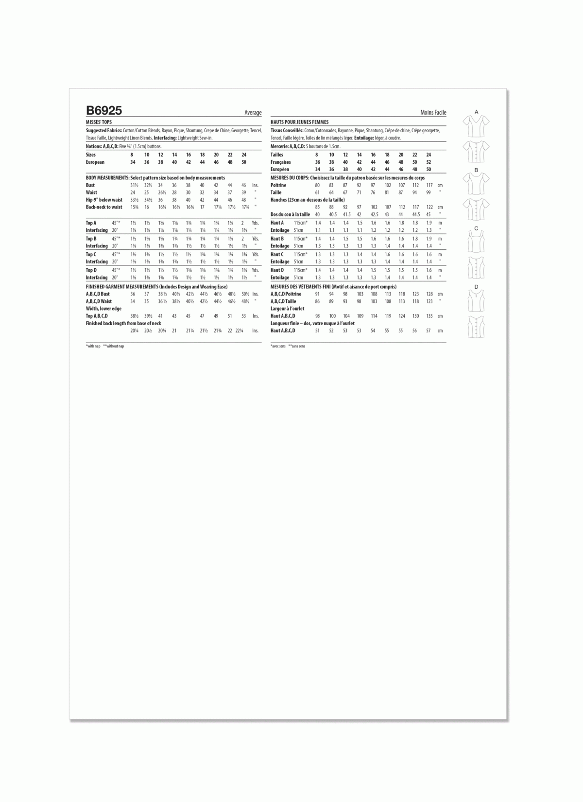 Butterick Sewing Pattern B6925 Misses' Tops By Palmer/Pletsch