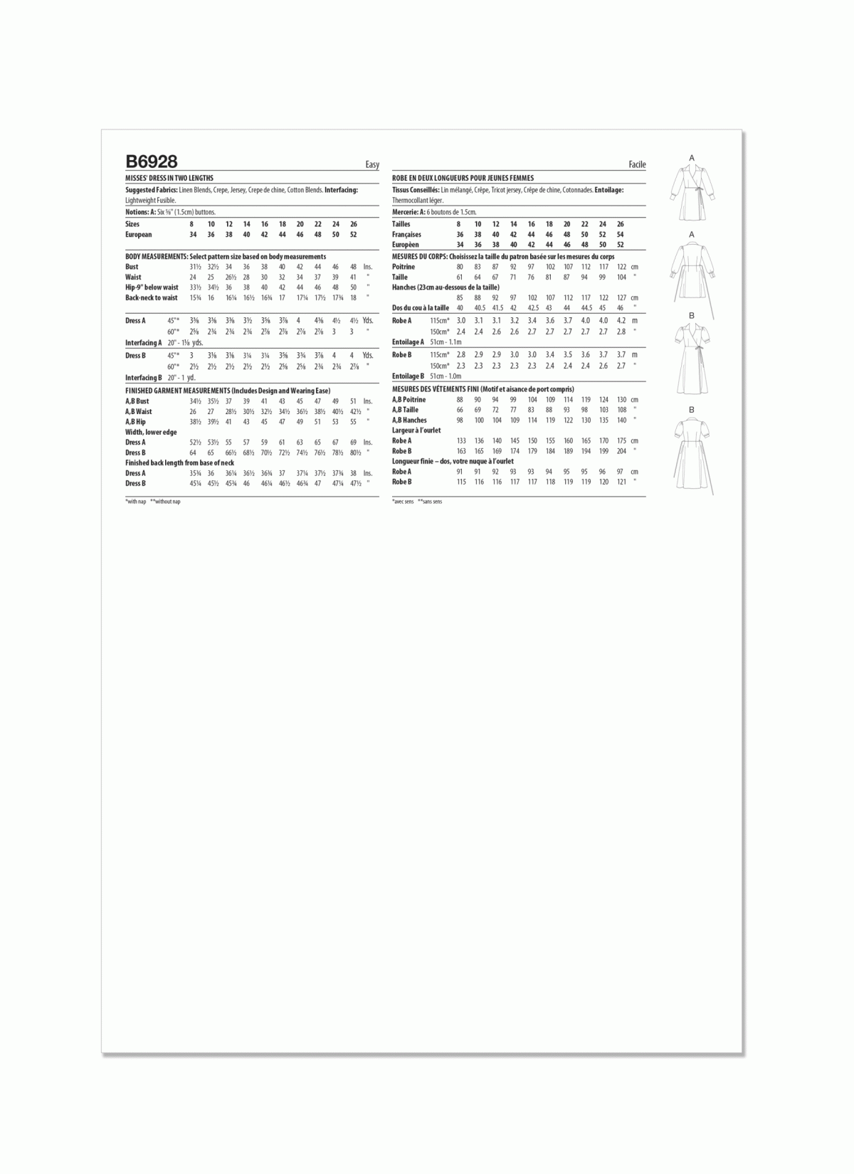 Butterick Sewing Pattern B6928 Misses' Dress in Two Lengths