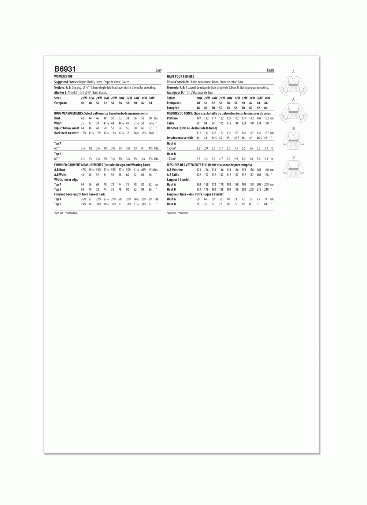 Butterick Sewing Pattern B6931 Women's Top