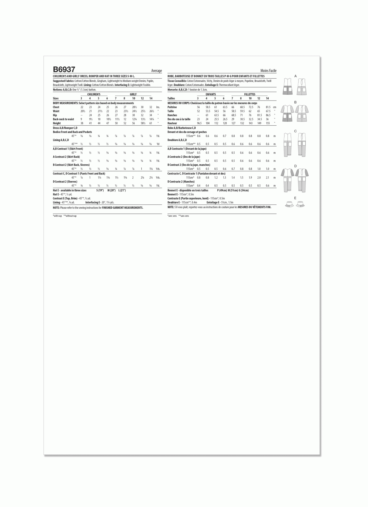 Butterick Sewing Pattern B6937 Children's and Girls' Dress, Romper and Hat