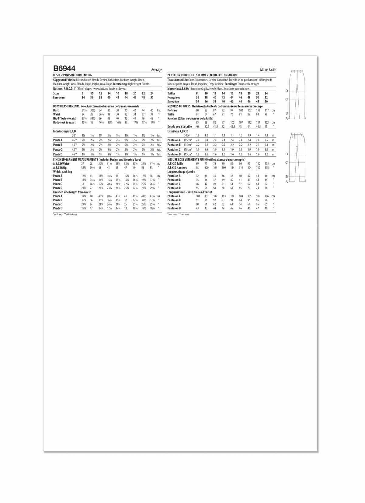 Butterick Sewing Pattern B6944 Misses' Trousers in Four Lengths by Palmer/Pletsch