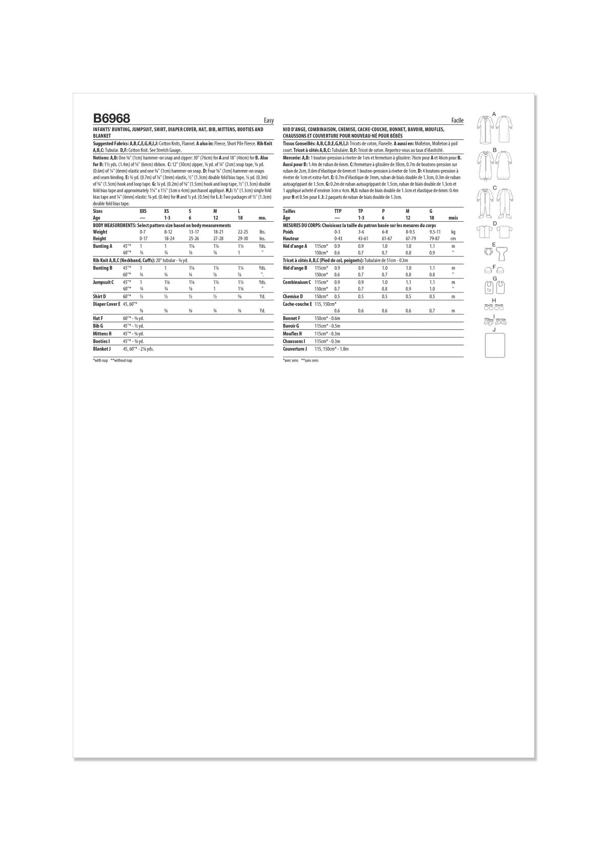 Butterick Sewing Pattern B6968 Infants' Bunting, Jumpsuit, Shirt, Nappy Pants, Hat, Bib, Mittens, Booties and Blanket