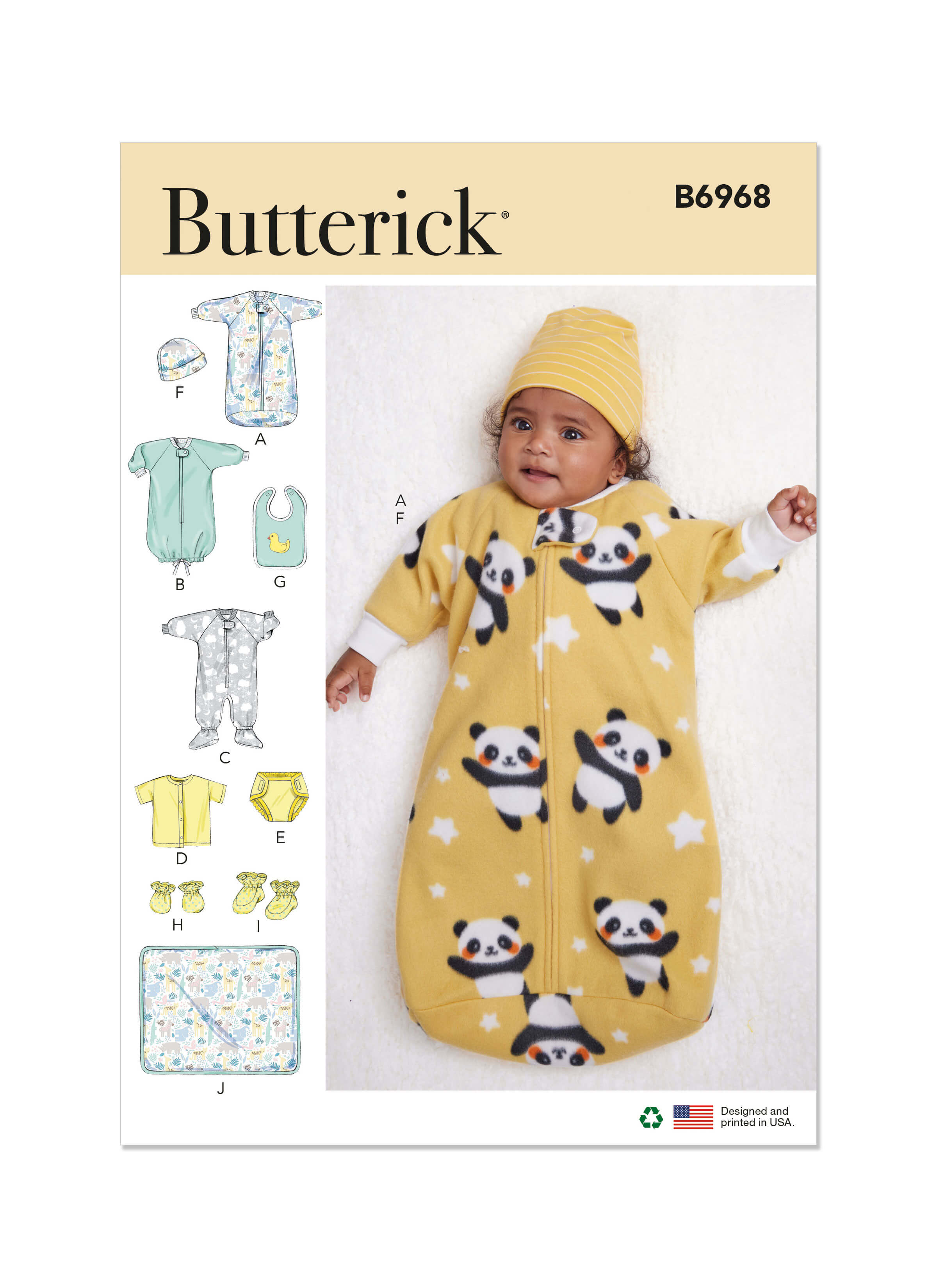 Butterick Sewing Pattern B6968 Infants' Bunting, Jumpsuit, Shirt, Nappy Pants, Hat, Bib, Mittens, Booties and Blanket